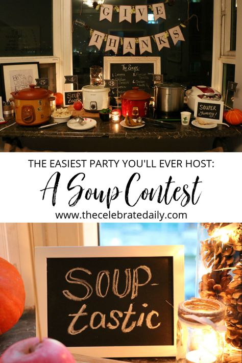 Souper Bowl Luncheon Decor, Hosting A Soup Party, Soup Bar Decorations, Soup Er Bowl Party, Rehearsal Dinner Soup Bar, Soup Sampler Party, Soup Theme Party, Soup Display Ideas, Soup Swap Party Ideas