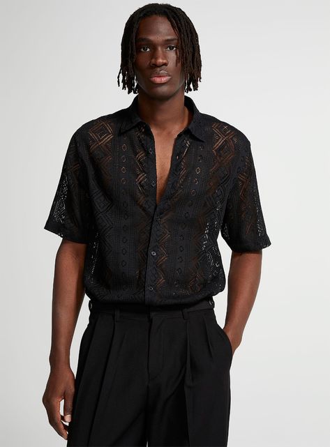 Men's Casual Shirts | Simons US Sheer Shirt Men, Knit Shirt Men, Black Casual Shirt, Ban Ban, Modern Mens Fashion, Dinner Wear, Nylon Leggings, Oxford Shirts, Mesh Shirt