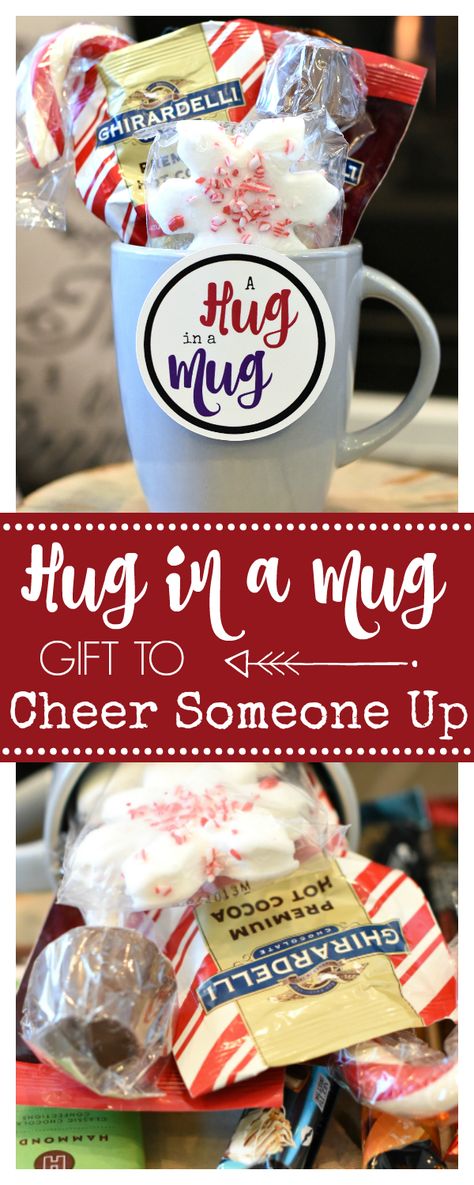 A Hug in a Mug is the perfect Gift to Cheer Someone Up! It is so cute and super easy to put together! Sympathy Gift Baskets, Santa Ideas, Hug In A Mug, Morale Boosters, Cheer Someone Up, Secret Pal, Cheer Up Gifts, Holiday Gift Baskets, Diy Gift Baskets