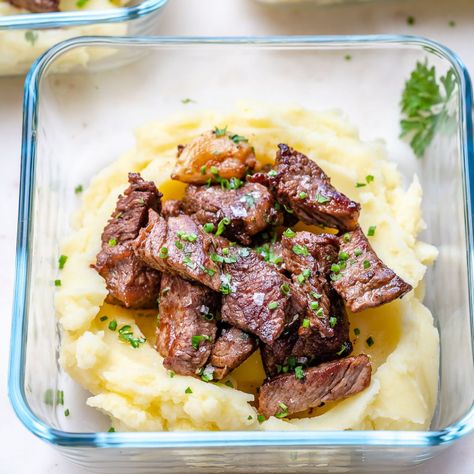 Garlic Butter Steak Bites with Mashed Potatoes for Meal Prep | Clean Food Crush Steak And Mashed Potatoes, Ground Beef Breakfast, Garlic Butter Steak Bites, Butter Steak Bites, Clean Meal Prep, Butter Steak, Mashed Potatoes Recipe, Easy Dinner Recipes Crockpot, Garlic Butter Steak