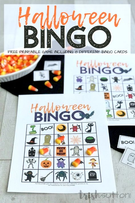 Halloween themed Bingo game for kids of all ages! Perfect for class parties, Halloween parties and family game night. Free Printable Halloween Bingo Game; 8 Bingo Boards Included. TrishSutton.com #halloween #bingo #bytrishsutton #freeprintable Halloween Bingo Free, Halloween Bingo Printable, Bingo Free Printable, Halloween Bingo Game, Bingo Games For Kids, Halloween Pumpkin Crafts, Game Night Gift, Bingo For Kids, Fun Halloween Games