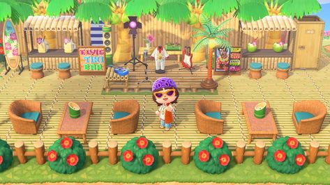 Acnh Tiki Bar Ideas, Hawaii Animal Crossing, Acnh Beach Ideas Tiki Bar, Animal Crossing Tiki Bar Ideas, Acnh Tiki Bar Design, Animal Crossing Tiki Bar, Tropicore Acnh, Acnh Bar, Acnh Tropicore