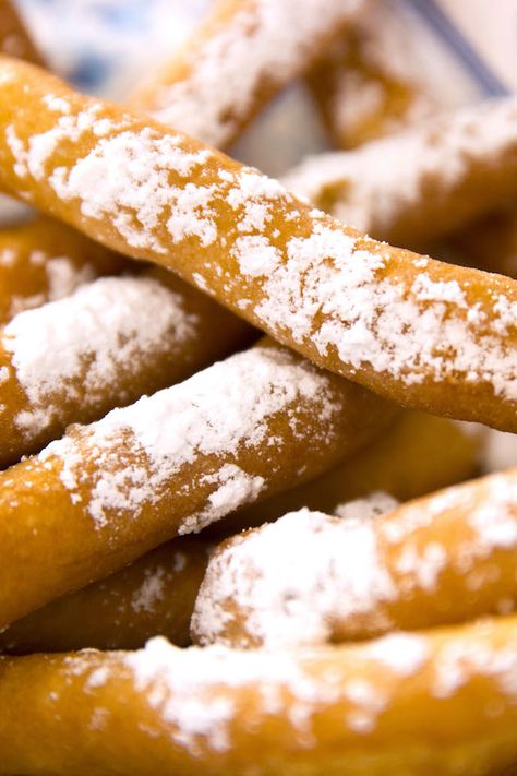 Closeup of funnel fries made with funnel cake batter for a crispy state fair inspired treat Fair Foods At Home, Funnel Cake Fries Recipe, Carnival Food Ideas, Funnel Fries, Carnival Foods, Funnel Cake Fries, Crispy Onion Rings, Butterscotch Fudge, Chocolate Covered Bacon