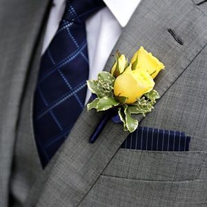 Yellow Boutonniere #navysuits #navy #suits #funeral Yellow Rose Buttonhole, Yellow Boutineer, Navy Boutonniere, Wedding Ideas Yellow, Variegated Pittosporum, Yellow Boutonniere, Yellow Wedding Theme, White Boutonniere, Royal Yellow