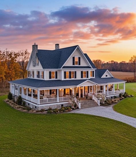 White Country House With Wrap Around Porch, Old Farmhouse Plans, Homes With Wrap Around Porches, White Farmhouse Exterior, Outside House Colors, House With Land, Dream Bedroom Inspiration, Dream Life House, Gorgeous Houses