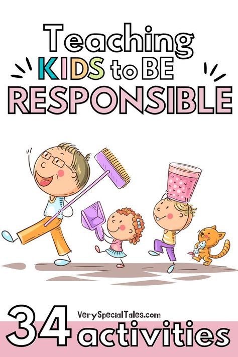 Title "Teaching Kids to Be Responsible. 34 Activities" and an illustration of a family about to start their household chores Teaching Responsibility Activities, Responsibility Activities For Kids, Responsibility Activities, Responsibility Lessons, Kids Fun Activities, Empathy Activities, Character Building Activities, Character Education Lessons, Character Activities