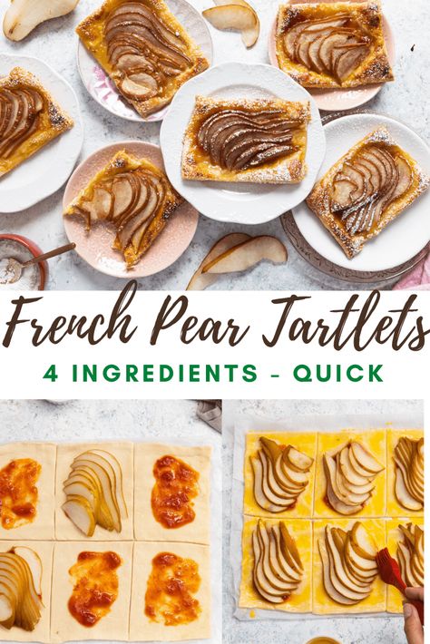 Mini French Puff Pastry Pear Tarts are easy and prepared in 20 minutes! A buttery & flaky crust topped with your favourite jam & juicy pears. Easy Pear Tart, Puff Pastry Pear Tart, Puff Pastry Pear, French Puff Pastry, Pear Tarts, Easy Puff Pastry Recipe, Pear Tart, Puff Pastry Dough, Chocolate Crust