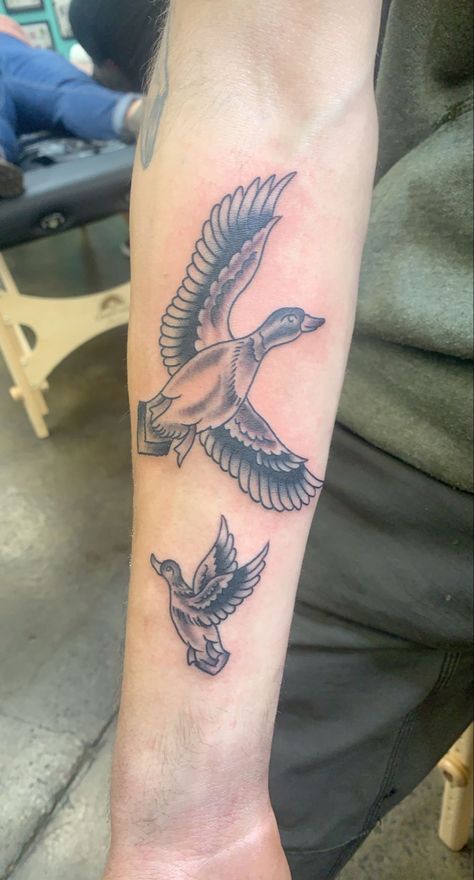 Ducks flying Duck Hunting Tattoos For Women, Duck Flying Tattoo, Duck Hunting Tattoos Sleeve, Duck Hunt Tattoo, Ducks Flying Tattoo, Duck Tattoos For Men, Mallard Duck Tattoo Black And White, Duck Hunting Tattoos, Duck Tattoos