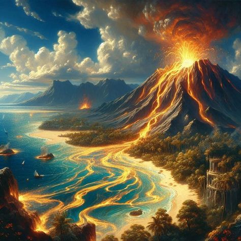 An erupting volcano in the middle of a tropical island, with golden lava flowing towards the sea glistening in the sun. #artificialintelligence #ilustration Fantasy Volcano Landscape, Volcano Concept Art, Volcano Aesthetic, Volcano Island, Erupting Volcano, Volcanic Eruption, Fantasy Island, Lava Flow, Level Design