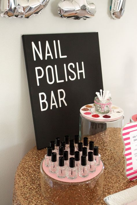 Learn how to make your own nail polish and set up an adorable "DIY Nail Polish Bar!" Spa Party Dessert Table, Nail Party Ideas, Self Care Party, Lacquer Bar, Nail Polish Party, Birthday Board Diy, Makeup Birthday Party, Spa Day Party, Bridal Shower Favors Diy