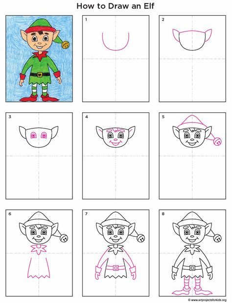 How to draw an Elf. PDF tutorial available. #artprojectsforkids #howtodraw #elf Art 2nd Grade, Trin For Trin Tegning, Zantangle Art, Elf Drawings, Classe D'art, Holiday Art Projects, Christmas Art Projects, Winter Art Projects, Elf Art