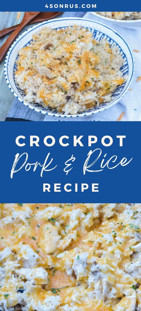 Crockpot pork and rice is the slow cooker meal you need on a busy weekday night. Needing virtually no prep, you can quickly get this ready in the morning and have a hearty dinner more or less waiting when you come home from your long day. #crockpotrecipe #crockpotdish #crockpot #recipe Pork Loin And Rice Crock Pot Recipes, Slow Cooker Pork And Rice, Easy Crockpot Recipes With Rice, Rice And Pork Chops Crockpot, Crockpot Porkchop And Rice, Crockpot Pork And Rice Recipes, Pork Roast And Rice Recipes, Pork Chip In Crockpot, Crockpot Rice And Porkchops