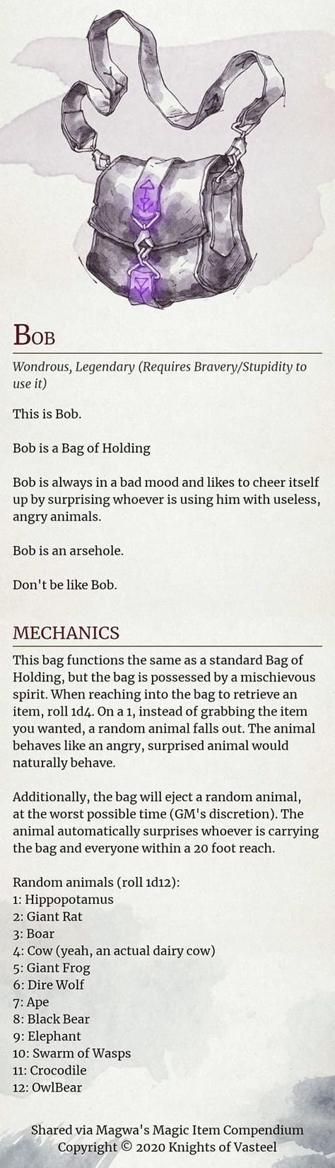 D&d Magic Items Homebrew, D&d Items, Homebrew Magic Items, Fantasy Costco, Dm Ideas, Homebrew Items, Dnd Things, Dnd Magic, Bag Of Holding