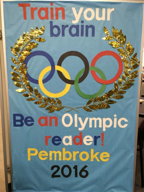 Olympic library bulletin boaed Olympics Door Decor, Olympic Themed Back To School, Olympic Door Decorations, Olympics School Theme Bulletin Boards, Olympic Theme Classroom Decorations, Olympic Theme Classroom Door, Olympic Classroom Door, Olympic Decorations Classroom, Olympic Theme Bulletin Board Ideas