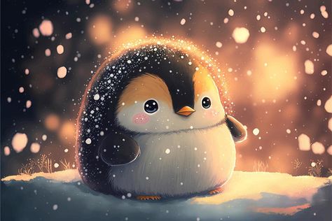 An adorable baby penguin sits in the winter snow during sunset. Penguin Wallpaper, Penguin Illustration, Penguin Drawing, Winter Iphone, Iphone Wallpaper Winter, Christmas Desktop, Zero Wallpaper, Cute Blue Wallpaper