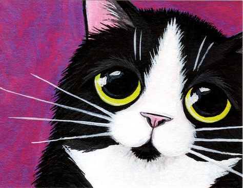 Cat Painting Easy, Tuxedo Cat Painting, Cat Cow, Black Cat Painting, Painting Snow, Cat Artwork, Postcard Collection, Tuxedo Cat, White Cats