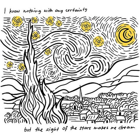 Starry Night Line Art, Scribble Art, Harry Potter Artwork, Van Gogh Paintings, Line Art Design, Van Gogh Art, Starry Night Van Gogh, Black Stickers, Graphic Tshirt Design