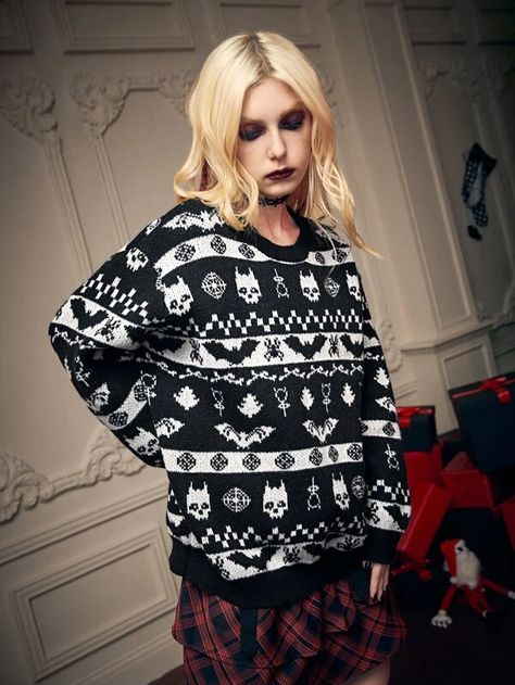 ROMWE Goth Christmas Skull & Bat Pattern Drop Shoulder Sweater | SHEIN USA Black Gothic Sweater For Halloween, Gothic Christmas Outfit, Goth Christmas Outfit, Goth Christmas, Black Emo Halloween Sweater, Kawaii Goth Sweater, Emo Christmas Sweater, Goth Christmas Sweater, Spooky Christmas Sweater