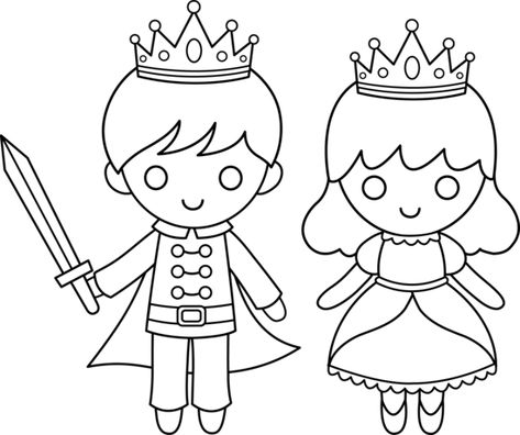 Prince And Princess Drawing, Drawing Crown, Princess Coloring Sheets, Princess Drawing, Prince Drawing, Princess Clipart, Princess Crafts, Fairy Tale Theme, Princess Line