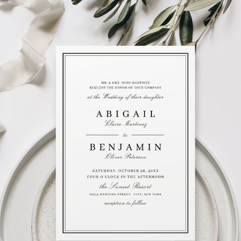 Elegant borders black and white minimalist wedding invitation Classy Minimalist Wedding, Professional Typography, Vintage Fall Wedding, White Minimalist Wedding, Modern Chic Wedding, Classy Minimalist, Elegant Winter Wedding, Classic Invitation, Minimalist Wedding Invitation