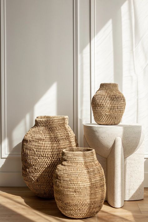 Handmade woven in Africa  Sizes and look may vary as these are handwoven. Please reach out to our care team if you have any questions about sizing.  Baskets may not sit perfectly  Dimensions: Lrg: 18-26" H x 6-9" W  Med: 14-18" H x 6-9" W Sm:12-14" H x 4-6" W Elm Wood Furniture, Zimbabwe Africa, Artisan Furniture, Plastic Baskets, Large Basket, Woven Baskets, African Baskets, Large Baskets, Interior Deco