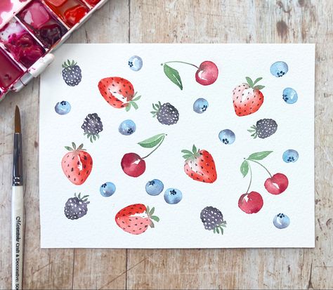 Learn to paint simple loose watercolour summer berries and how to create a perfect pattern with my new tutorial. Click the link to watch! #watercolor #fruit #berries #painting #pattern Basic Pattern Making, Strawberry Watercolor, Basic Pattern, Watercolor Food, Watercolor Fruit, Summer Painting, Simple Summer, Keramik Design, Loose Watercolor