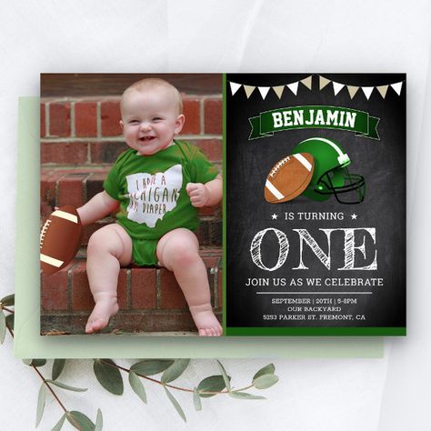 Chalkboard Football 1st First Birthday Party Photo Invitation Sport Birthday, Football Theme Birthday, Sports Birthday Invitations, Birthday Football, 1 Year Birthday, 1st Birthday Party Invitations, Football Themes, Sports Birthday, Football Birthday