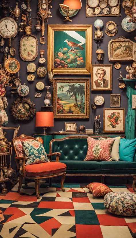 Vintage Maximalism Art Nouveau Maximalist Interior, Maximalism Wall Decor, Vintage Eclectic Maximalism, Art Drawings Colorful, English Cottagecore, Maximalism Home, Maximalism Interior Design, Home Haunted House, Front Door Transformation