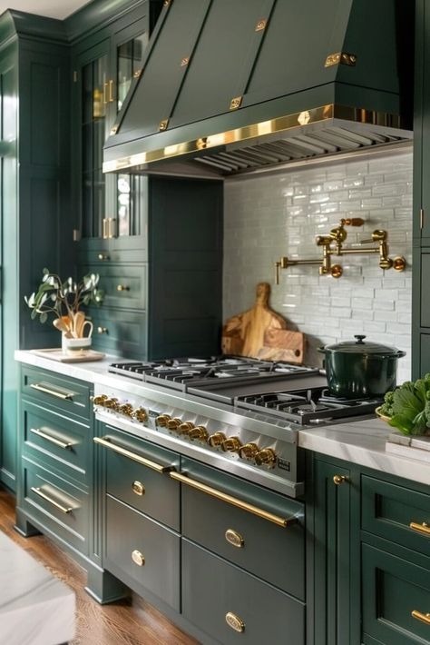 23 Green Kitchen Ideas That Will Make You Swoon Dark Green Victorian Kitchen, Green And Rose Gold Kitchen, Sage Gold Kitchen, Green Cabinets White Backsplash, Newburg Green Cabinets, Green Stove Range, Copper Green Kitchen, Emerald Green Cabinets Kitchen, Green Victorian Kitchen