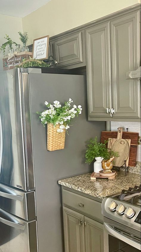 Refrigerator Decor, Decorating Above Kitchen Cabinets, Kitchen Countertop Decor, Above Kitchen Cabinets, Countertop Decor, Fridge Decor, Kitchen Cabinets Decor, Kitchen Counter Decor, Counter Decor