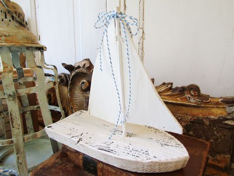 Handmade wood sailboat painted white, adorable beach cottage distressed wooden boats by anita spero design Wood Sailboat, Sailboat Craft, Boat Sculpture, Wedding Message, Anita Spero Design, Sailboat Decor, Wooden Sailboat, Window Ledge, Beach Stuff