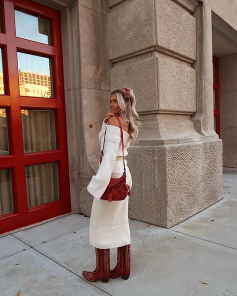 holiday outfits loading ….🥂🎁✨❤️ “outfit details” for 🔗 https://liketk.it/4YmUh #ad #bucklepartner @buckle #holidayoutfits #holidayaesthetic #christmasoutfits #christmasaesthetic christmas outfit ideas // winter fashion Red Tecovas Outfit, Christmas Outfit With Cowboy Boots, Taupe Cowboy Boots Outfit, Cold Winery Outfit, Christmas Cowgirl Outfit, Western Christmas Outfits Women, Christmas Western Outfit, Western Holiday Outfit, Christmas Mass Outfit