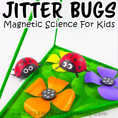 Learn about the invisible forces of magnets in this adorable and fun Jitter Bugs Magnet Science and STEM Project, building a magnetic toy. In this eye-opening project, you will see the magic of Magnetism in action. Magnets will cause a ladybug to fly and spin on its own as you build your very own magnetic toys. This is a fantastic STEM project for Elementary and Middle School. Jitter Bugs - Magnetic Science for Kids. Visit STEAMPoweredFamily.com for all the details. Magnet Science Project, Magnet Experiments, Camping Activites For Kids, Magnet Science, Cycle For Kids, Magnets Science, Stem Projects For Kids, Sustainability Projects, Magnet Toys