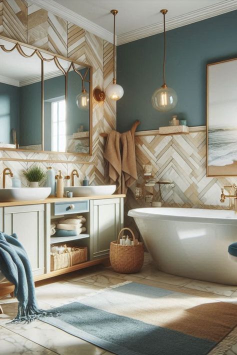 Bring the beach home with this soothing combination of ocean blue and sandy beige. A vacation vibe for your daily routine. #CoastalBathroom #BeachInspired Blue And Beige Bathroom Ideas, Teal And Beige Bathroom, Dusty Blue Bathroom Ideas, Brown And Turquoise Bathroom, Bathroom Color Palette Ideas, Blue And Beige Bathroom, Bathroom With Tan Tile, Blue Brown Bathroom, Blue And Brown Bathroom