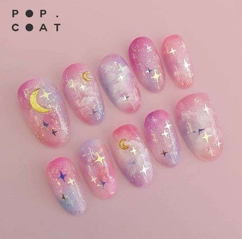 Kawaii Inspired Nails, Pastel Space Nails, Pastel Kawaii Nails, Kawaii Summer Nails, Eevee Nails, Nails With Decals, Sailor Moon Nails Design, Uwu Nails, Kawaii Nails Short