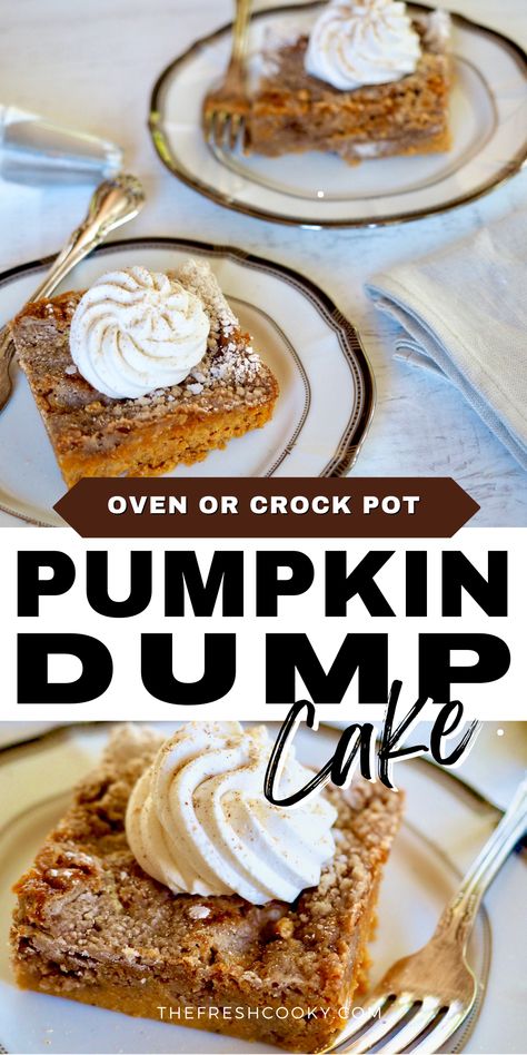 Make this Pumpkin Dump Cake recipe in place of Pumpkin Pie this holiday season! So much easier and will be guaranteed to become a family requested favorite! Literally, whisk, dump, sprinkle, drizzle and bake! Ready to go in the oven or crockpot for crock pot dump cake in minute. Recipe and high altitude adjustments via @thefreshcooky Dump Cake With Spice Cake, Crock Pot Dump Cake, Easy Pumpkin Dump Cake Recipe, Pumpkin Pie Dump Cake, Easy Pumpkin Dump Cake, Thanksgiving Favorites, Pumpkin Dump Cake Recipe, Pumpkin Crockpot, Pumpkin Dump