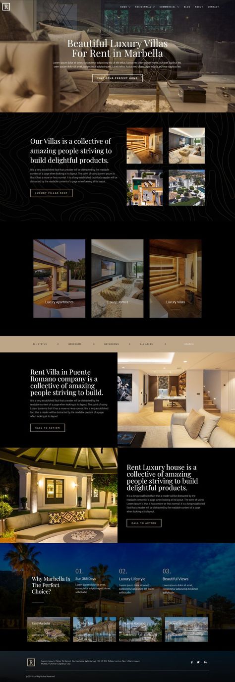 Luxury Villa Rentals Dark Website Design Idea Rental House Website Design, Modern Luxury Website Design, Dark Luxury Website Design, Luxury Landing Page Design, Flooring Website Design, Villa Website Design, Hotel Website Design Luxury, Luxury Real Estate Website Design, Luxury Landing Page