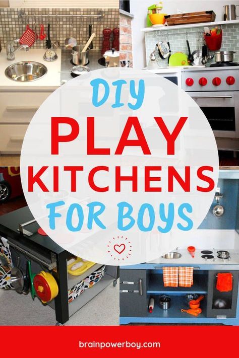 Play Kitchens that boys will totally want to "cook" in! These DIY & hacks are so cool! #ikeahack #diyforboys #playkitchen Boys Play Kitchen, Kitchen Play Area, Cooking With Kids Easy, Diy Kids Kitchen, Toddler Kitchen, Play Kitchens, Kids Play Kitchen, Homeschool Tips, Activities For Boys