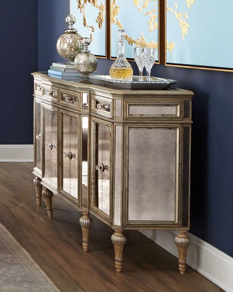 Simply beautiful in a hallway Dresden Four-Door Mirrored Buffet. Plz note this is an affiliate link. Neiman Marcus Furniture, Mirror Buffet, Furnitur Ruang Keluarga, Luxury Furniture Living Room, Shoes Storage, Dining Room Buffet, Mirrored Furniture, Decorating Blogs, Mirror Door