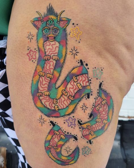 Long Furby Tattoo, Harajuku Tattoo, Weirdcore Tattoo, Furby Tattoo, Decora Harajuku, Bright Tattoos, Hand Doodles, Cute Tats, Japan Tattoo Design