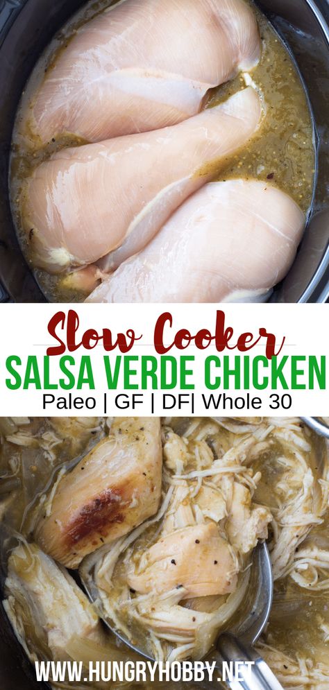 Slow cooker salsa verde chicken is the perfect shredded chicken recipe for use in tacos, taco salads, lettuce wraps, regular wraps, and bowls! #glutenfree #dairyfree #hungryhobby #slowcookerchicken #chicken #mexican #easydinner #healthydinner Salads Lettuce, Slow Cooker Salsa Verde Chicken, Shredded Chicken Recipe, Chicken Mexican, Slow Cooker Salsa Chicken, Slow Cooker Salsa, Verde Chicken, Keto Crockpot, Salsa Verde Chicken