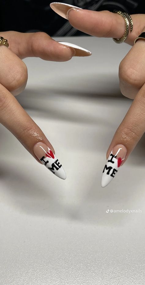 I Heart Me Nails Design, Chrome Hearts Nails White, I Heart Me Nails, Vanilla Chrome Heart Tips, Acrylic Nails Chrome Hearts, I Love Me Nails, Chrome Hearts Nails, Chrome Hearts Nail Ring, French Stiletto Nails