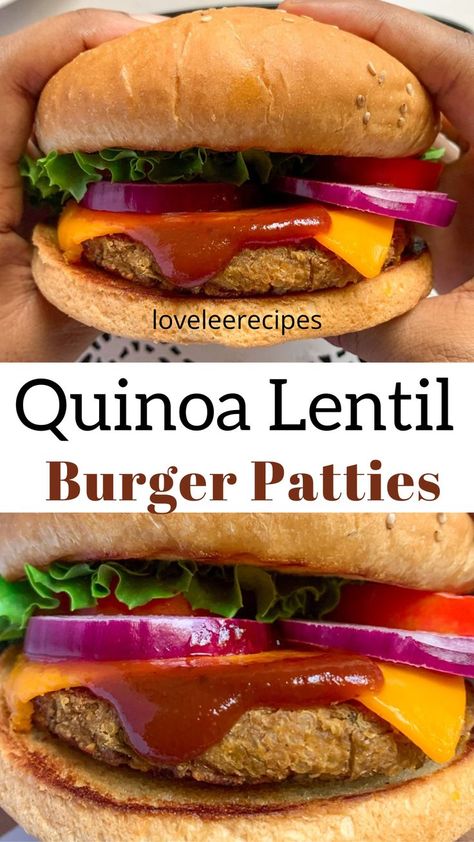 quinoa lentil burger patties Quinoa Burgers Vegan, Lentil Burger Recipe, Vegan Family Dinner, Lentil Burger, Quinoa Lentil, Lentil Quinoa, Quinoa Burger, Low Calorie Vegan, Quinoa Burgers