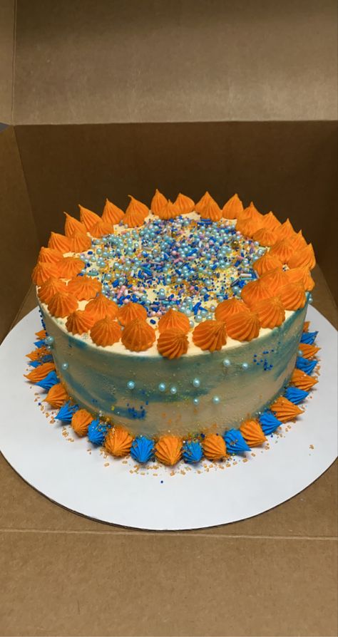 Blue And Orange Cake Birthday, Blue Sprinkle Cake, Blue And Orange Cake, Orange Birthday Cake, Whipped Cream Icing, Chocolate Buttercream Icing, Orange Ice Cream, Sprinkles Birthday Cake, Peach Green Tea