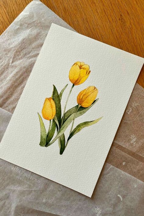 Yellow Tulips Painting, Watercolor Tulips, Watercolor Tutorial, Bio Art, Tulip Print, Watercolor Ideas, Watercolor Flower Art, Cat Air, 수채화 그림