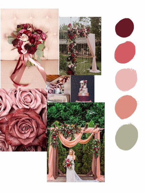 Eucalyptus green, rose gold, deep burgundy, dusty peach, dusty rose Cinnamon Rose And Sage Green Wedding, Dusty Rose Wedding Theme Color Palettes, Dark Red And Rose Gold Wedding, Raspberry And Sage Wedding, Dusty Rose Green Wedding, Maroon Pink And Green Wedding, Sage Green And Burgundy Wedding Decor, Rose Gold And Green Wedding Theme, Deep Pink Wedding Theme