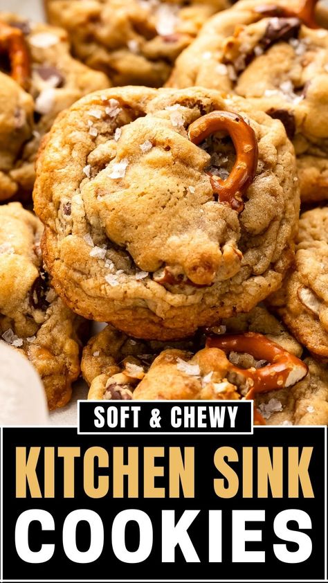 Kitchen Sink Cookies Recipe, Freezable Cookies, Cookie Swap Recipes, Cowboy Cookie Recipe, Sink Cookies, Kitchen Sink Cookies, Salty Sweet Snacks, Salty Cookies, Monster Cookies Recipe