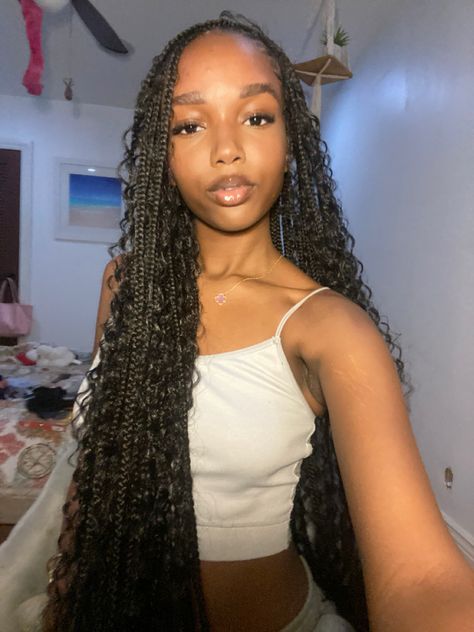 Knotless Braids Prom Hairstyles, Hairstyles To Get Black Women, Bohemian Knotless Braids Small Medium, Braided Hairstyles For Black Women Knotless, Small Goddess Braids With Curls, Straight Goddess Braids, Bohomeian Knotless, Bohemian Small Knotless Braids, Goddess Braids Black