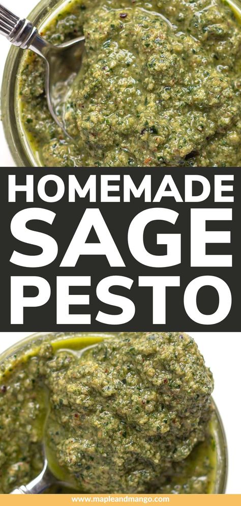 This homemade sage pesto recipe is the perfect pesto for the fall and winter months. If your herb garden is exploding with sage or you have leftover sage from holiday recipes...make this easy and delicious sage pesto! | www.mapleandmango.com Winter Herb Garden, Sage Pesto, Gremolata Recipe, Sage Recipes, No Salt Recipes, Pesto Recipe, Pepper Sauce, Freezer Friendly, Seasoning Recipes