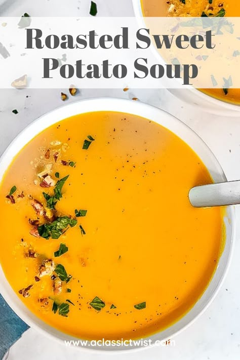 Sweet Potato Soup Recipes Easy, Yam Soup Recipe, Roasted Sweet Potato Soup, Sweet Potatoes Roasted, Sweet Potato Soup Vegan, Sweet Potato Soup Recipes, Potatoes Roasted, Sweet Potato Gnocchi, Potato Gnocchi